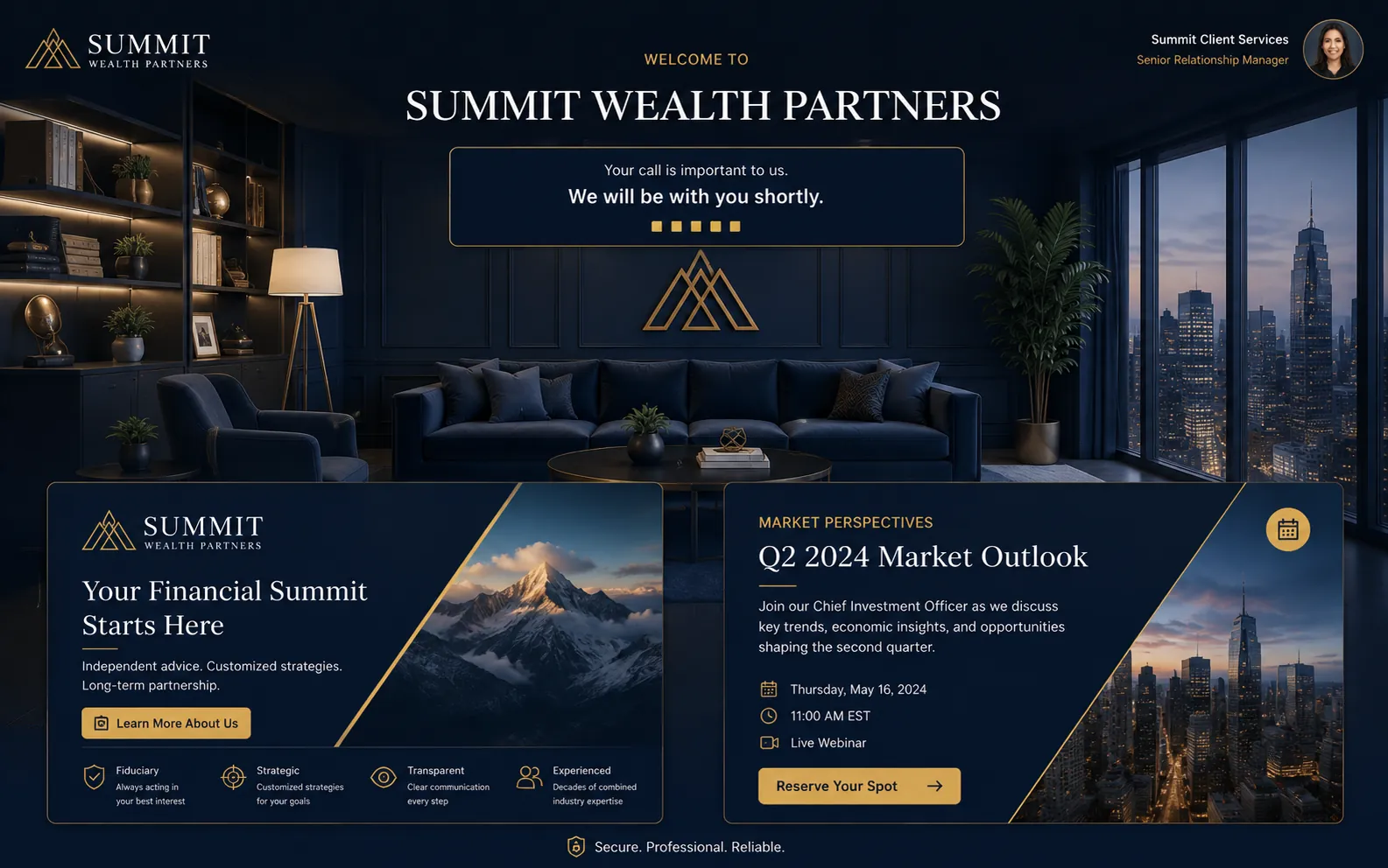 Summit Wealth Partners Lobbi waiting room with a welcome and market outlook
