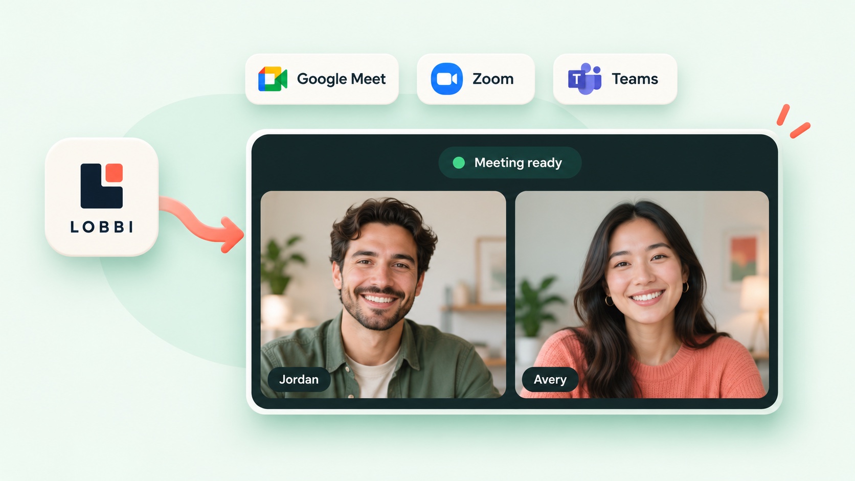 Host and guest join a video meeting after the guest is admitted: a Google Meet link Lobbi creates, or the host’s own Zoom or Teams link